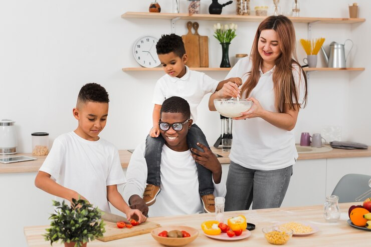 family preparing a meal