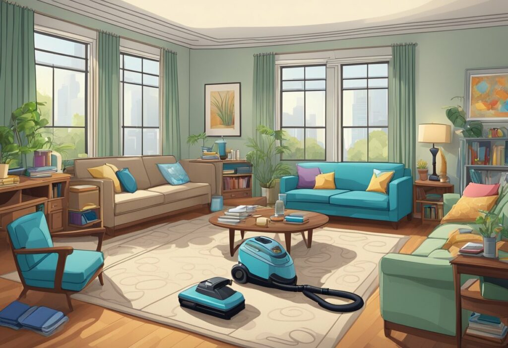 A cluttered room with vacuum marks on the carpet, sparkling windows, and neatly arranged furniture after a thorough bond clean