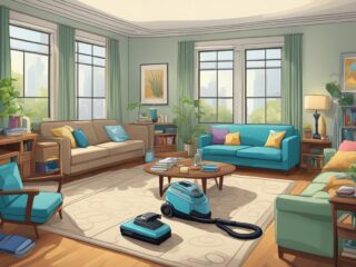 A cluttered room with vacuum marks on the carpet, sparkling windows, and neatly arranged furniture after a thorough bond clean