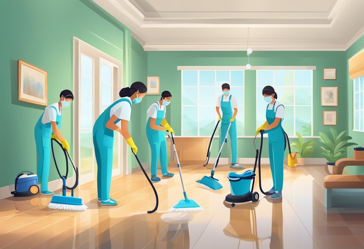 A team of cleaners meticulously scrub and sanitize every surface in a spacious, empty house, leaving it spotless and gleaming