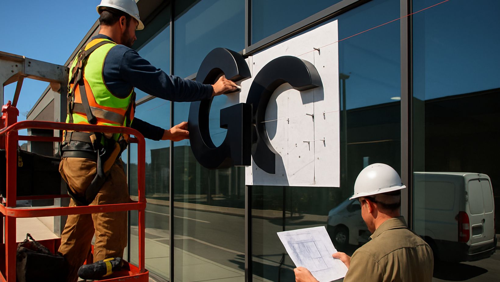 construction workers installing storefront signage using draft plans and alignment tools