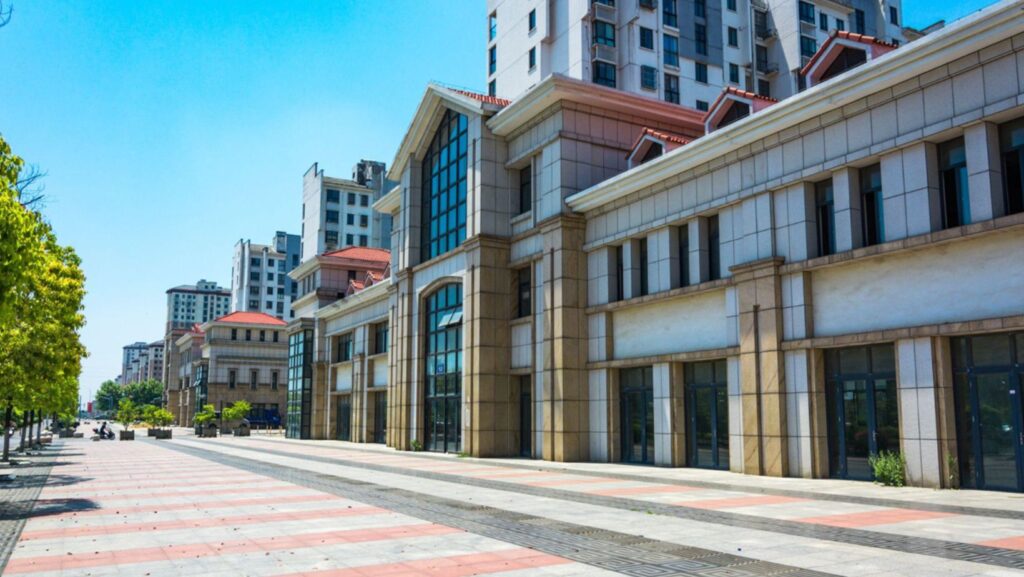 Modern commercial property buildings with mixed architecture