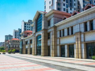 Modern commercial property buildings with mixed architecture