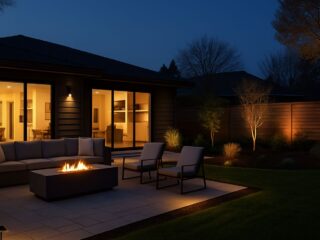 Modern backyard patio with fire pit and cozy evening lighting