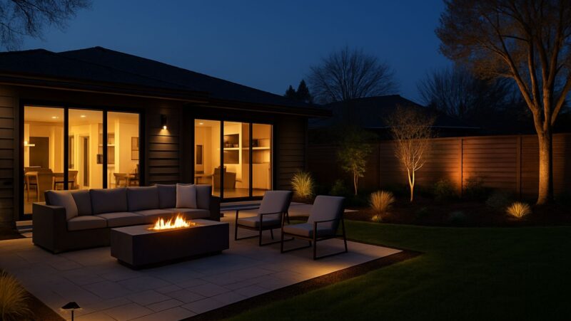 Modern backyard patio with fire pit and cozy evening lighting