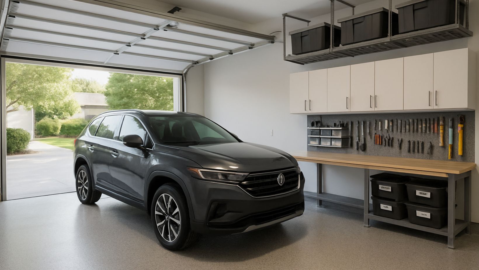Modern organized garage with SUV and storage systems