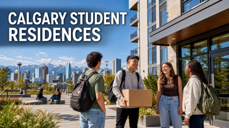 Four university students with backpacks gather outside a modern apartment as one carries a moving box, with Calgary's skyline and mountains behind them.