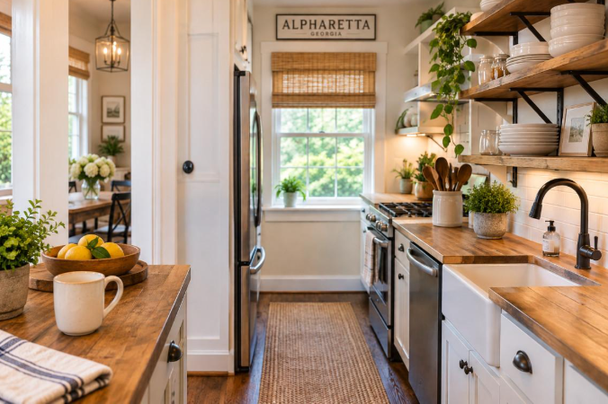 Cozy cottage kitchen outside Alpharetta, Georgia, featuring a narrow galley layout, wood countertops, open shelving, white cabinetry, farmhouse sink, natural light, and rustic-modern decor.